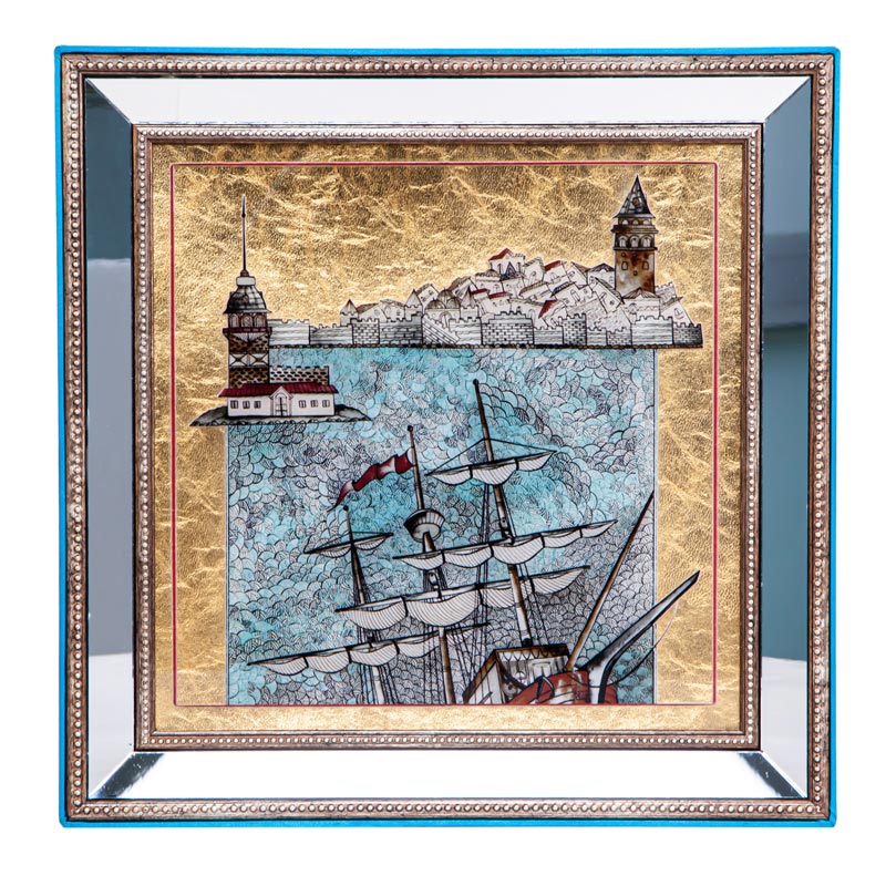 Altınlı Minyatür Gemi Ayna Çerçeveli Kutu - Spesiyal Lokum - 3